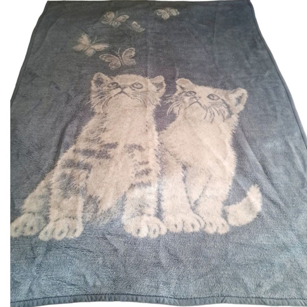 Vintage Cannon Ibena KITTENS & BUTTERFLIES Blanket 72"x 54" Throw
